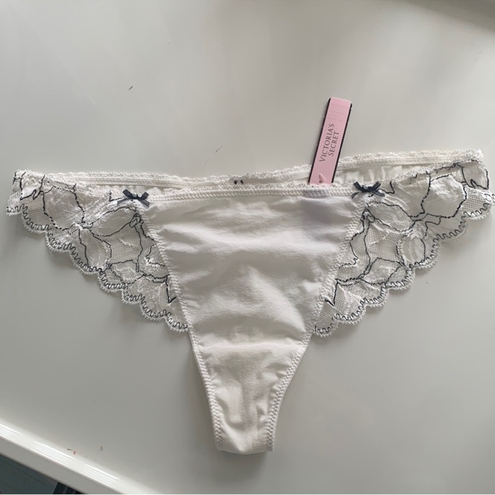 Victoria's Secret White Thong with Navy Embroidery